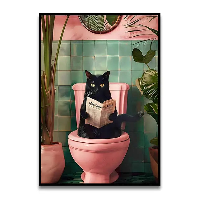 Funny black cat reading newspaper canvas wall art bathroom decor