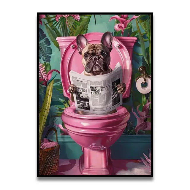 Funny black cat reading newspaper canvas wall art bathroom decor