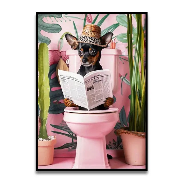 Funny black cat reading newspaper on toilet canvas wall art bathroom