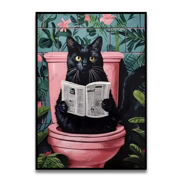 Whimsical gray elephant bathroom cat reading wall art