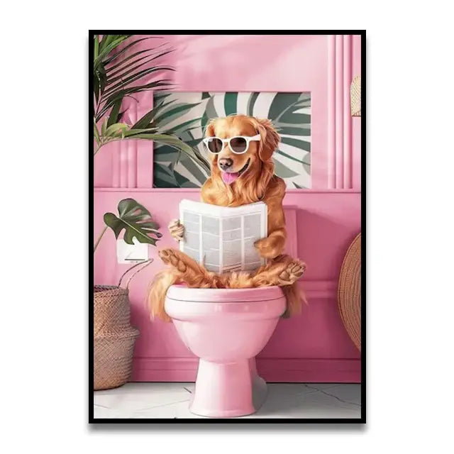 Funny french bulldog on pink toilet bathroom cat reading wall art