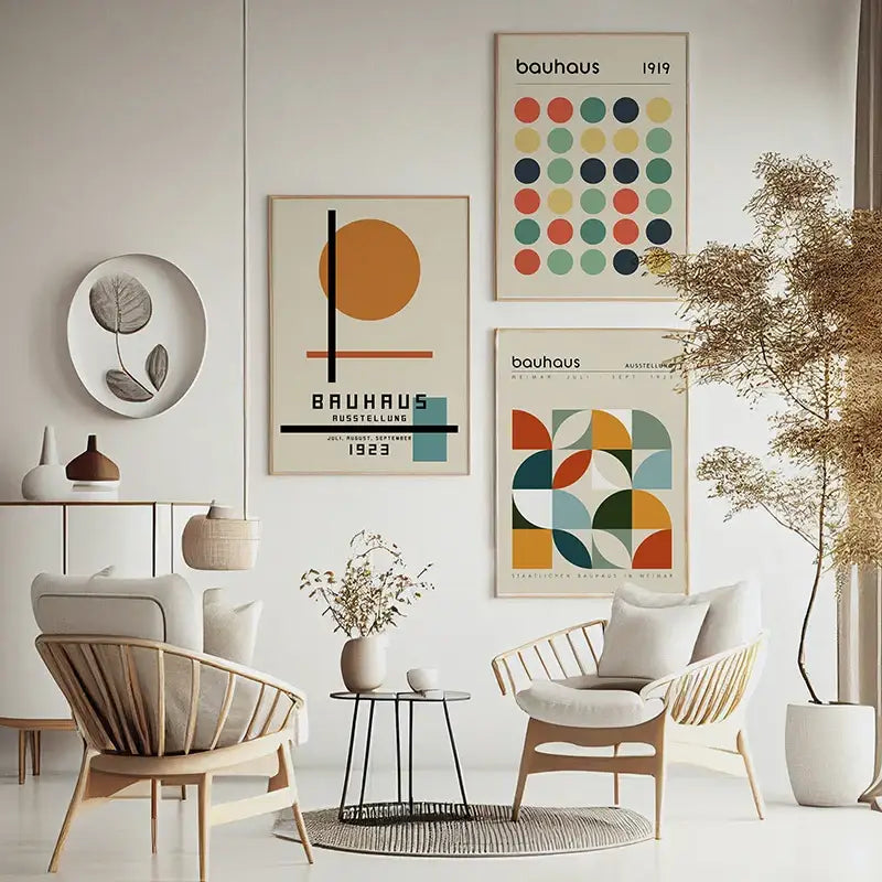 Geometric bauhaus abstract canvas black & white living room wall art