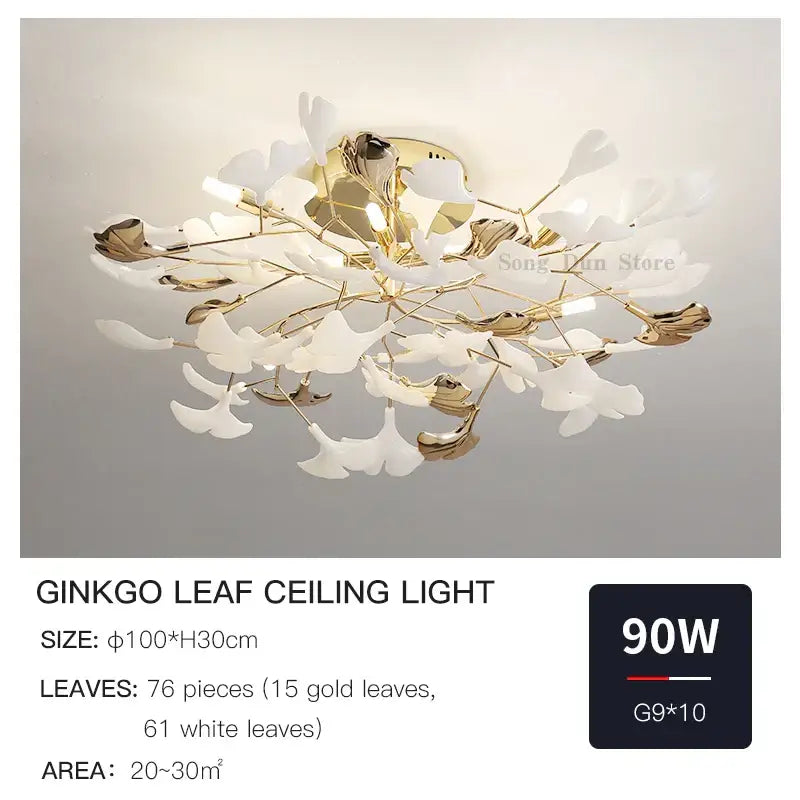 Decorbites ginkgo leaf gold floral ceiling light – bedroom art decor