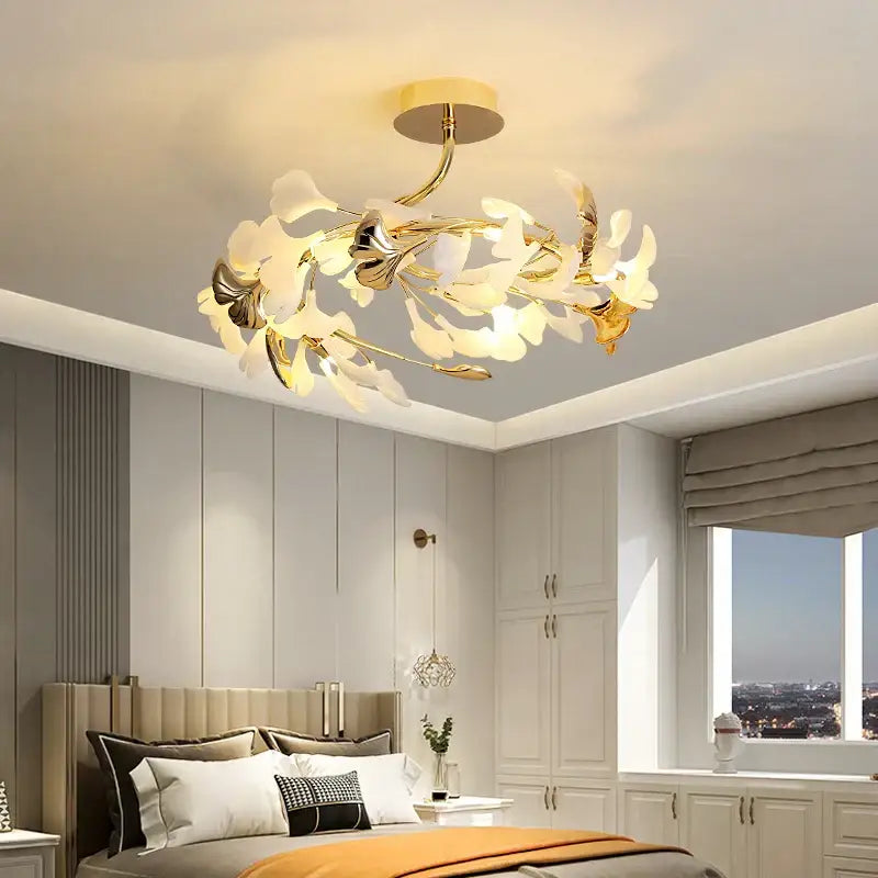 Post-modern gold and white ginkgo leaf ceiling light bedroom decor