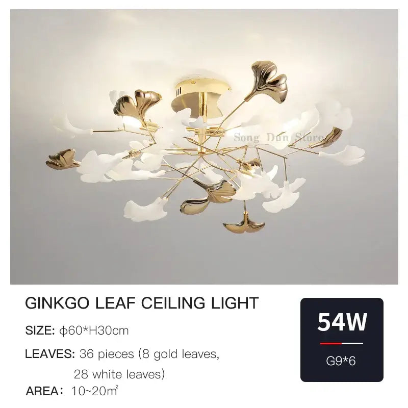 Post-modern gold and white ginkgo leaf ceiling light bedroom decor