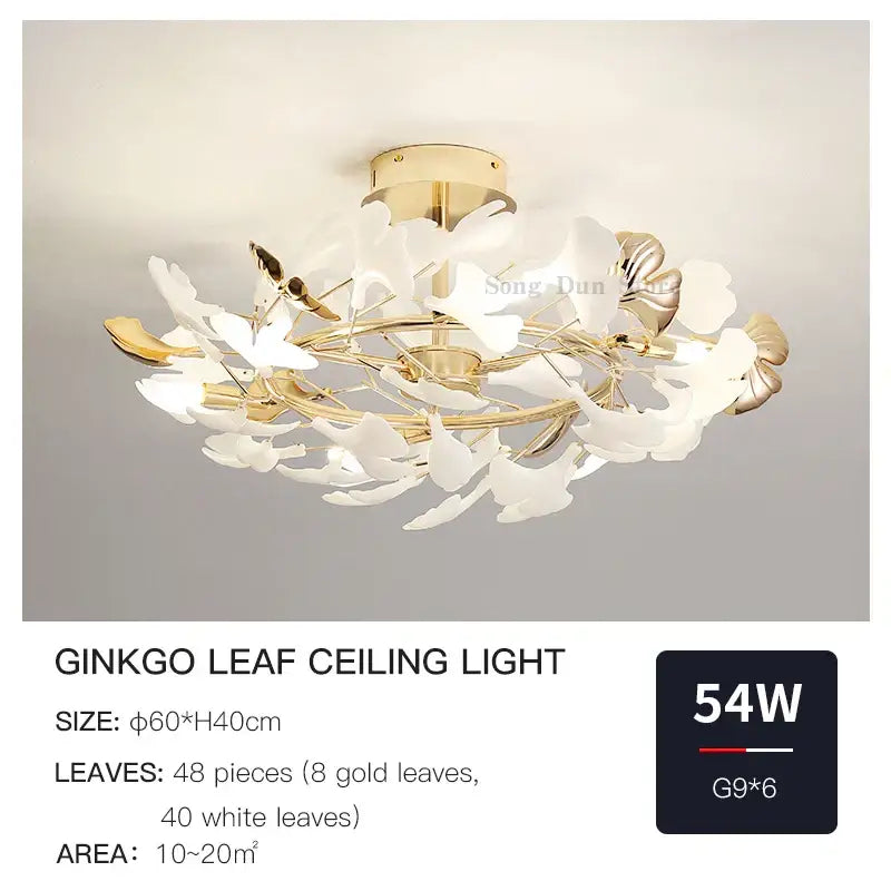 Post-modern gold and white ginkgo leaf ceiling light bedroom decor