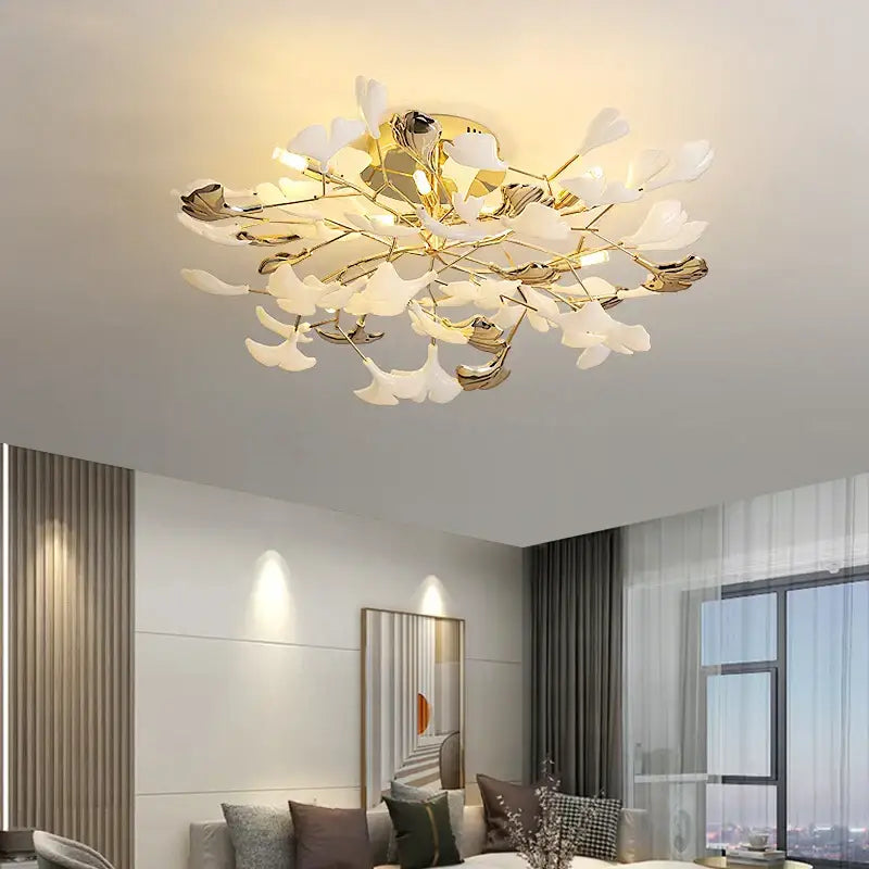 Post-modern gold and white ginkgo leaf ceiling light bedroom decor