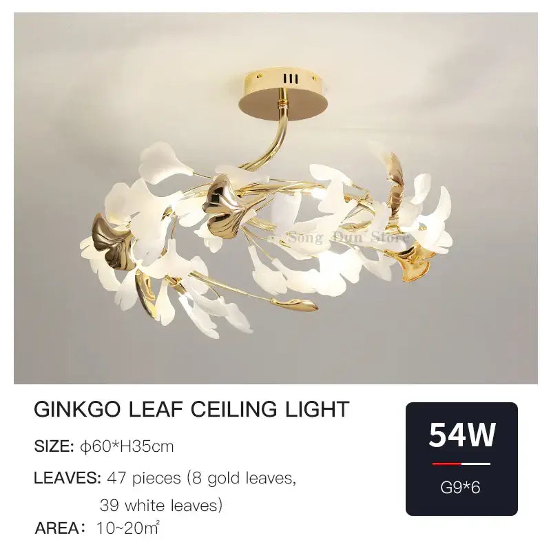 Post-modern gold and white ginkgo leaf ceiling light bedroom decor