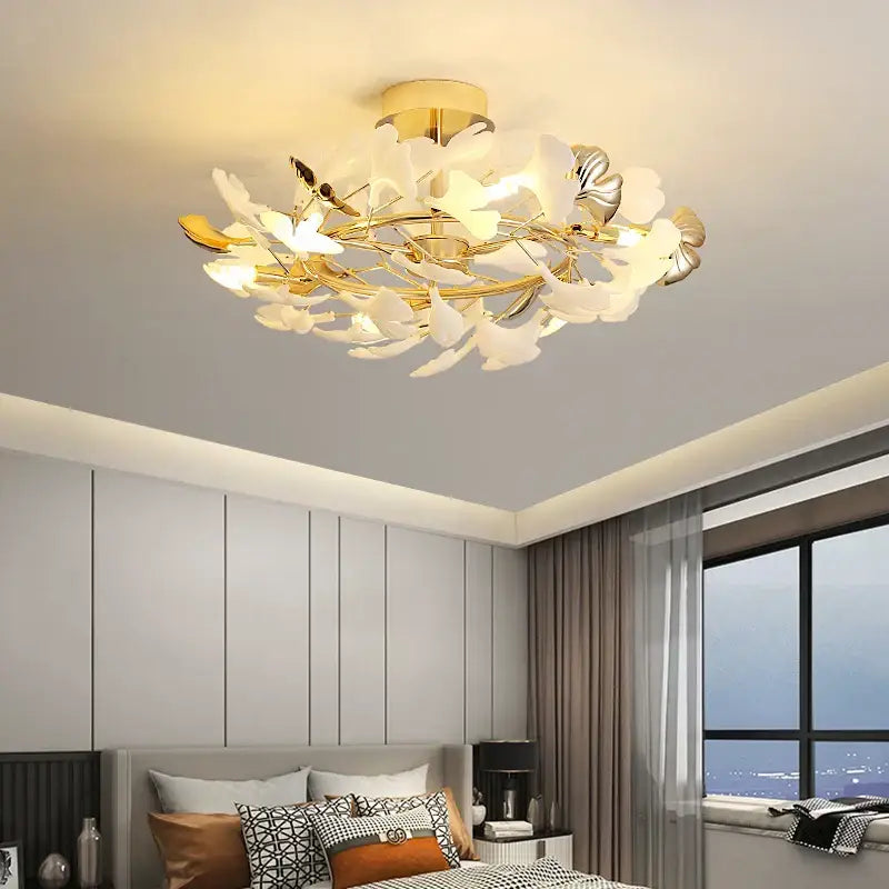 Post-modern gold and white ginkgo leaf ceiling light bedroom decor