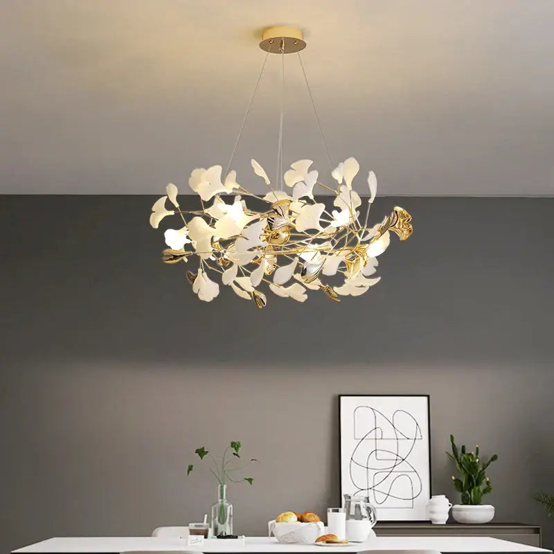 Modern gold ginkgo leaf chandelier for dining room