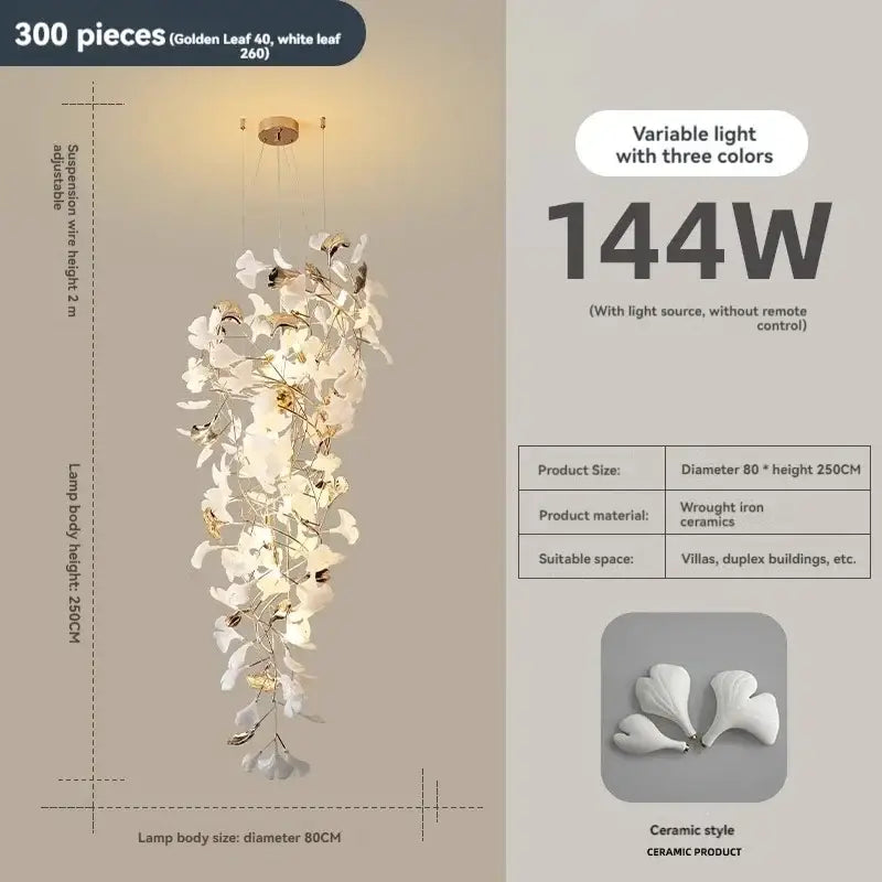 Luxury white & gold ginkgo leaf chandelier for staircase and lobby