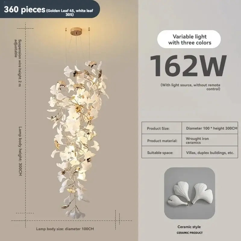Luxury white & gold ginkgo leaf chandelier for staircase and lobby