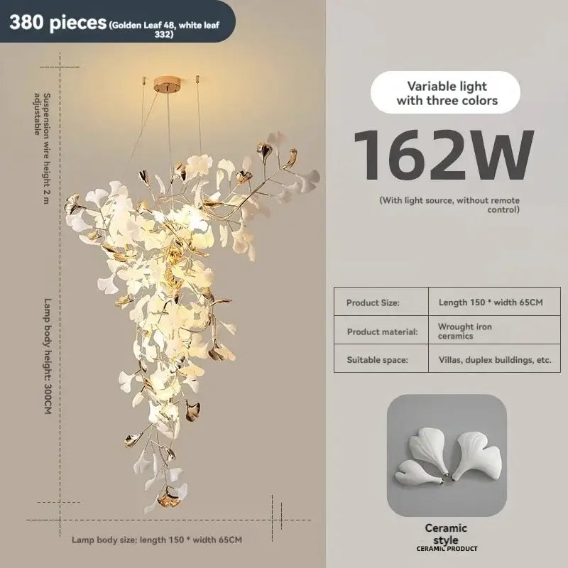 Luxury white & gold ginkgo leaf chandelier for staircase and lobby