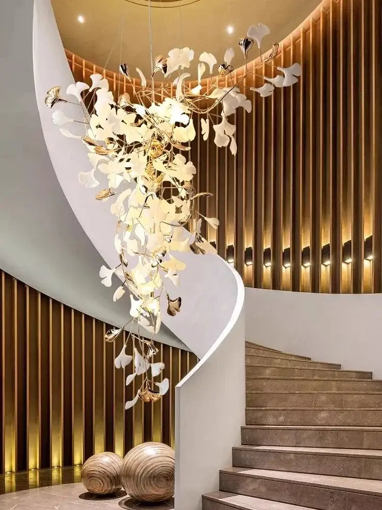 Luxury white & gold ginkgo leaf chandelier for staircase and lobby