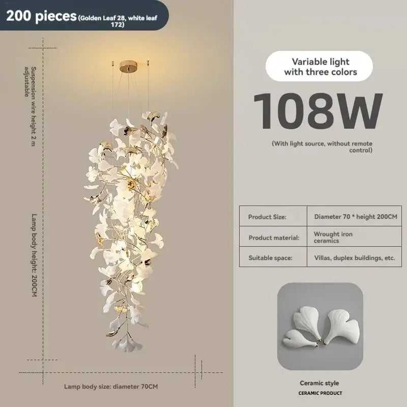 Luxury white & gold ginkgo leaf chandelier for staircase and lobby