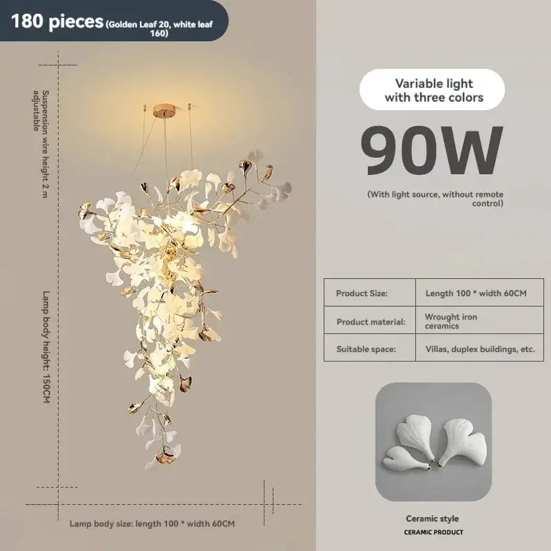 Luxury white & gold ginkgo leaf chandelier for staircase and lobby