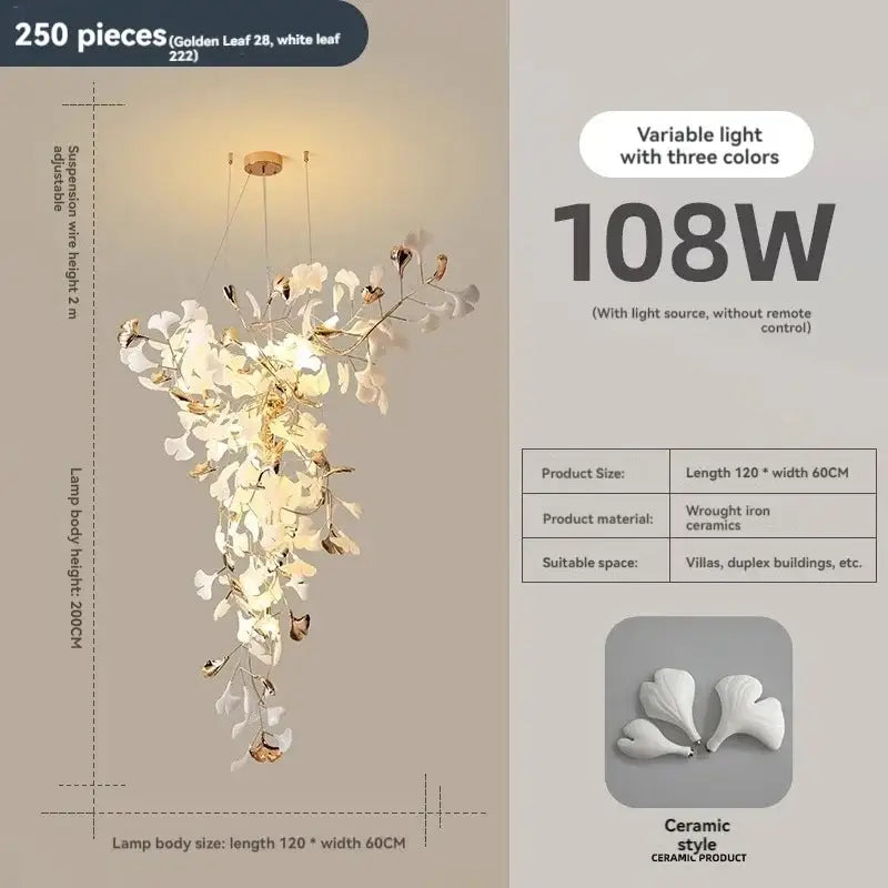 Luxury white & gold ginkgo leaf chandelier for staircase and lobby