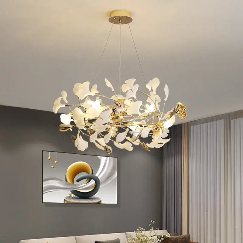 Gold and white ginkgo leaf chandelier for dining room