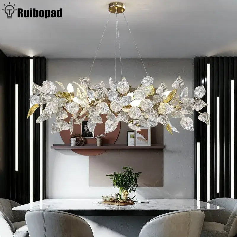 Modern gold & silver ginkgo leaf crystal chandelier dining room light