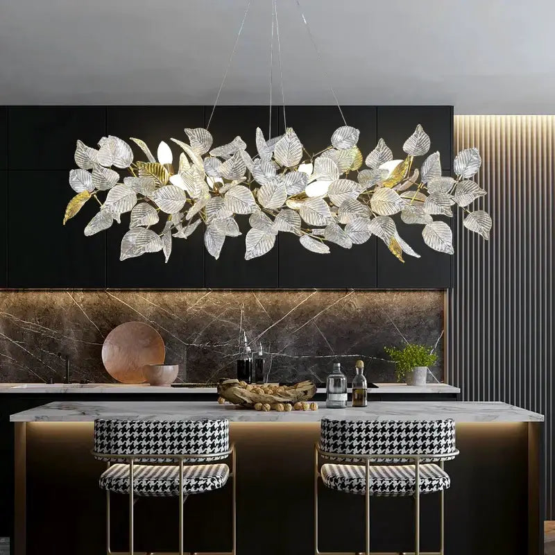 Modern gold & silver ginkgo leaf crystal chandelier dining room light
