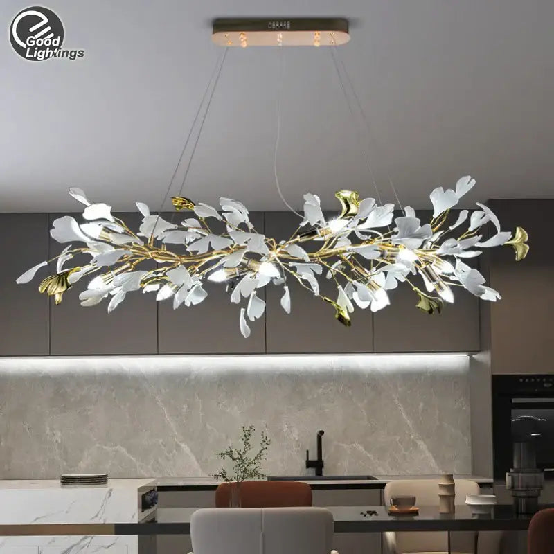Elegant gold & white ginkgo leaf crystal chandelier living room light