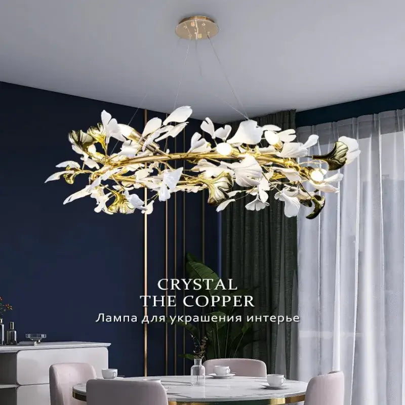 Modern white & gold ginkgo leaf crystal chandelier dining room light