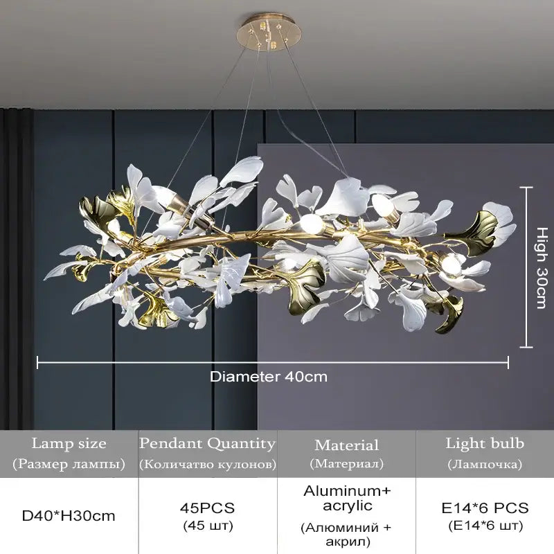 Modern white & gold ginkgo leaf crystal chandelier dining room light