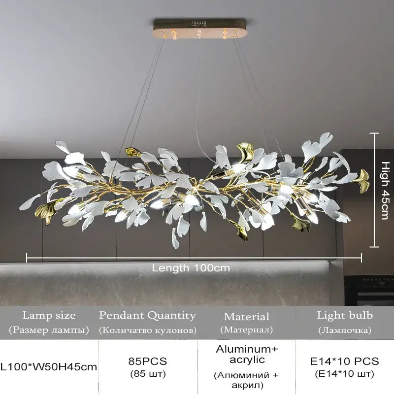 Modern white & gold ginkgo leaf crystal chandelier dining room light