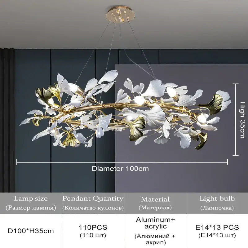 Modern white & gold ginkgo leaf crystal chandelier dining room light