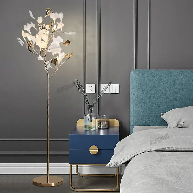 Modern gold ginkgo leaf floor lamp for living room blossom light