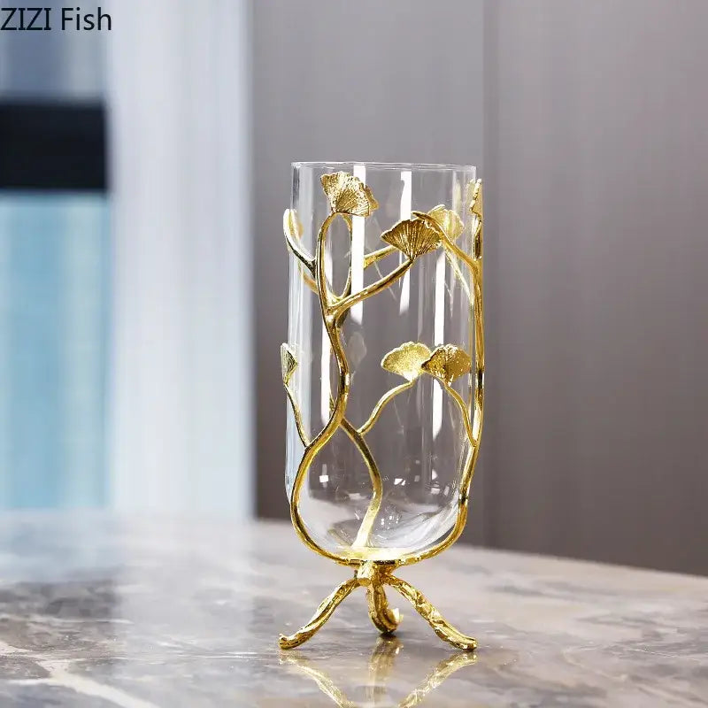 Modern gold ginkgo leaf glass vase living room desk decor
