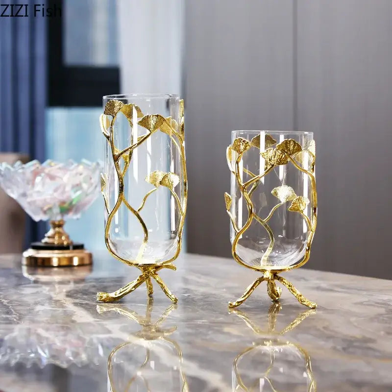 Modern gold ginkgo leaf glass vase living room desk decor