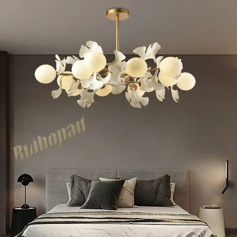 White ceramic flower ginkgo leaf led ceiling chandelier dining room