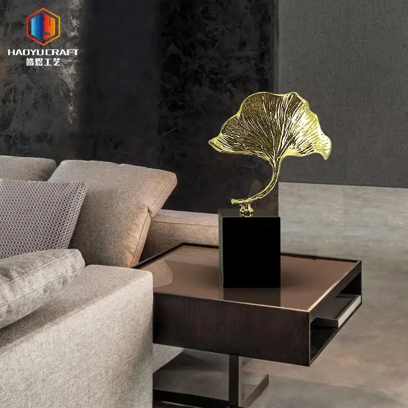 Modern gold ginkgo leaf metal sculpture living room decor accent
