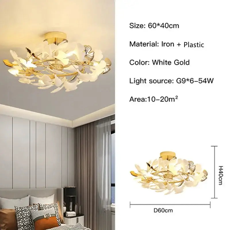 Nordic white & gold ginkgo leaf pendant chandelier dining room