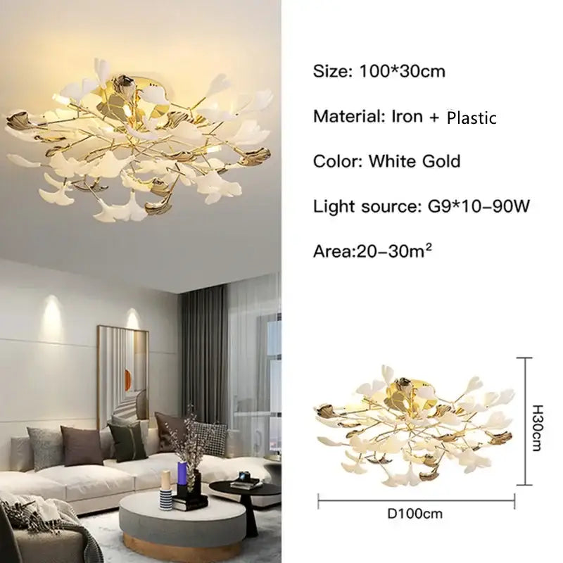 Nordic white & gold ginkgo leaf pendant chandelier dining room