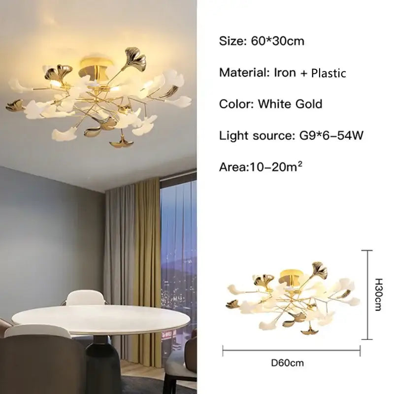 Nordic white & gold ginkgo leaf pendant chandelier dining room