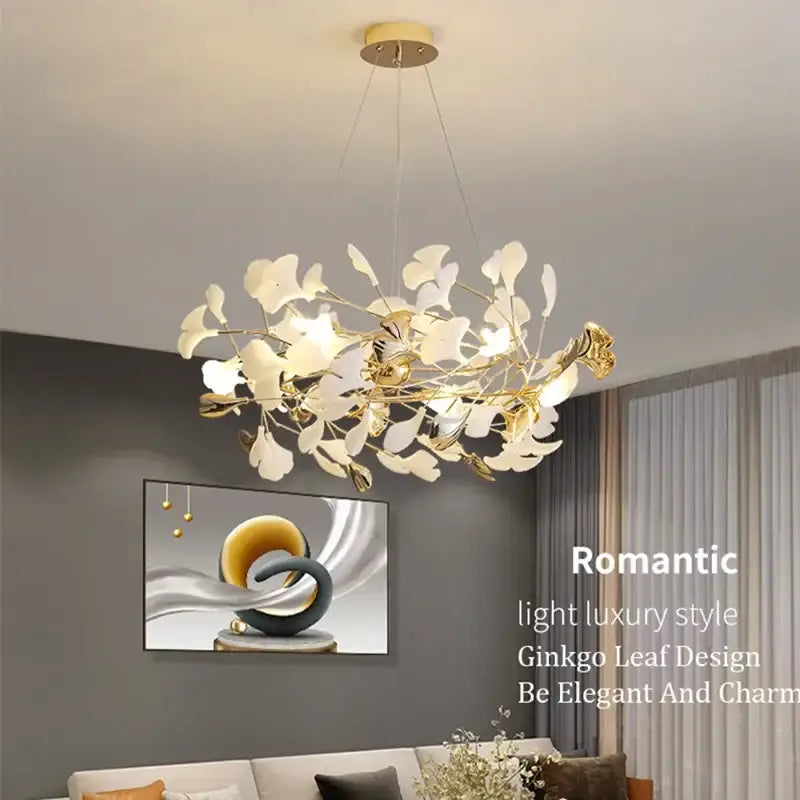 Nordic white & gold ginkgo leaf pendant chandelier dining room