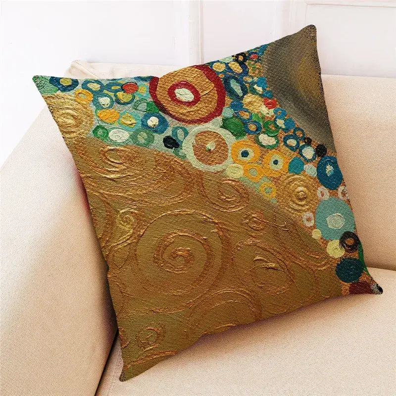 Teal and gold ginkgo leaves linen cushion cover living room
