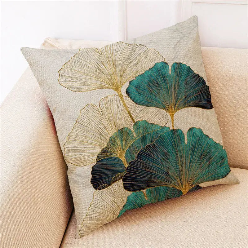 Teal and gold ginkgo leaves linen cushion cover living room