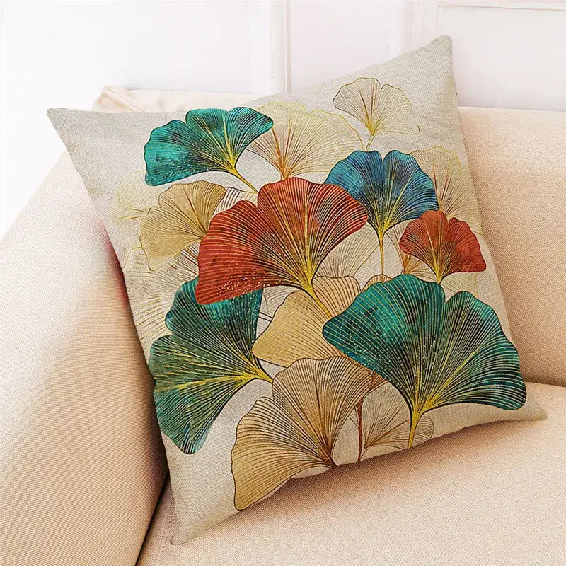 Teal and gold ginkgo leaves linen cushion cover living room