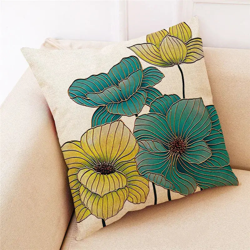 Teal and gold ginkgo leaves linen cushion cover living room