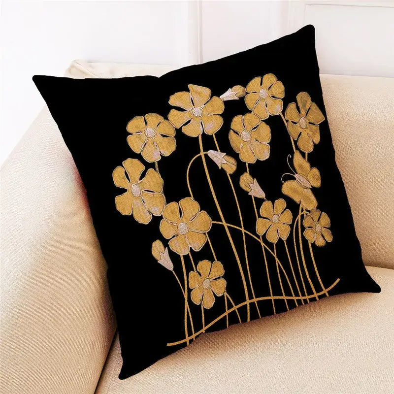 Teal and gold ginkgo leaves linen cushion cover living room