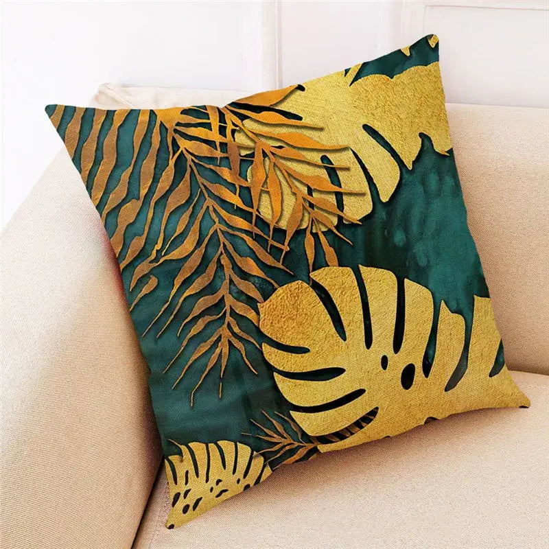 Teal and gold ginkgo leaves linen cushion cover living room