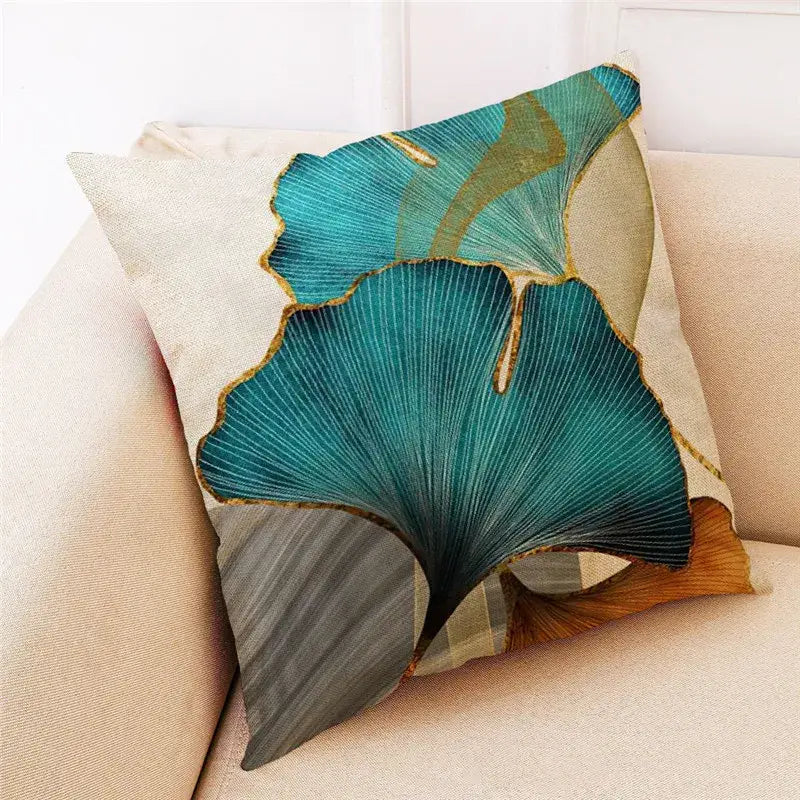 Teal and gold ginkgo leaves linen cushion cover living room
