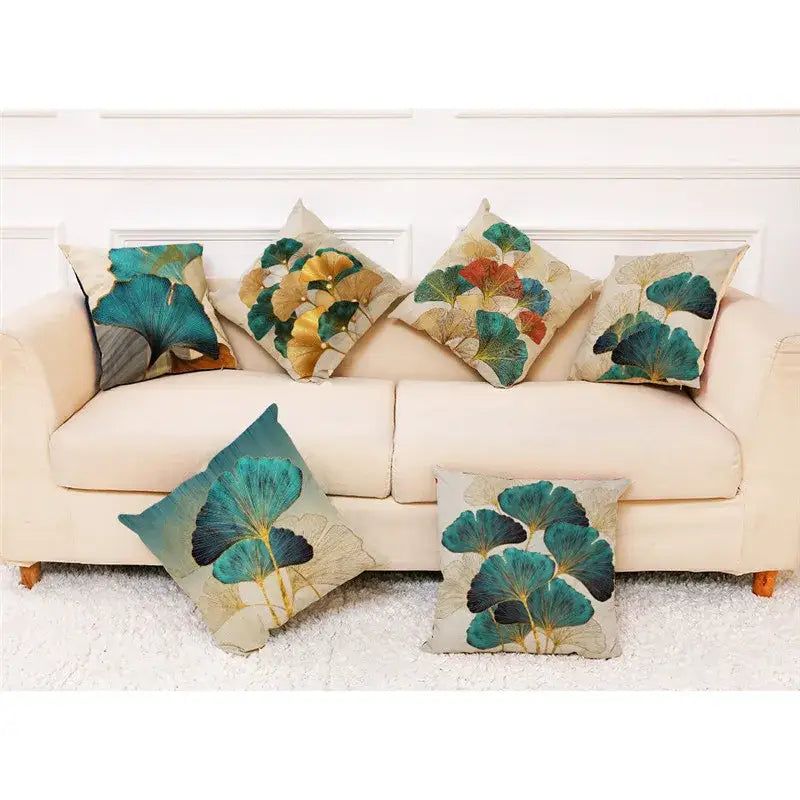 Teal and gold ginkgo leaves linen cushion cover living room