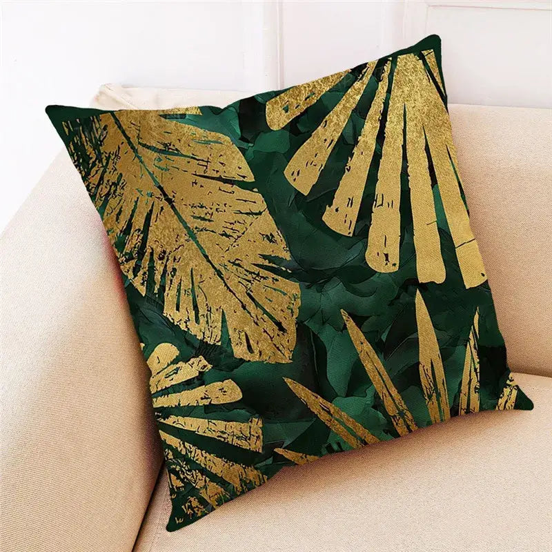 Teal and gold ginkgo leaves linen cushion cover living room