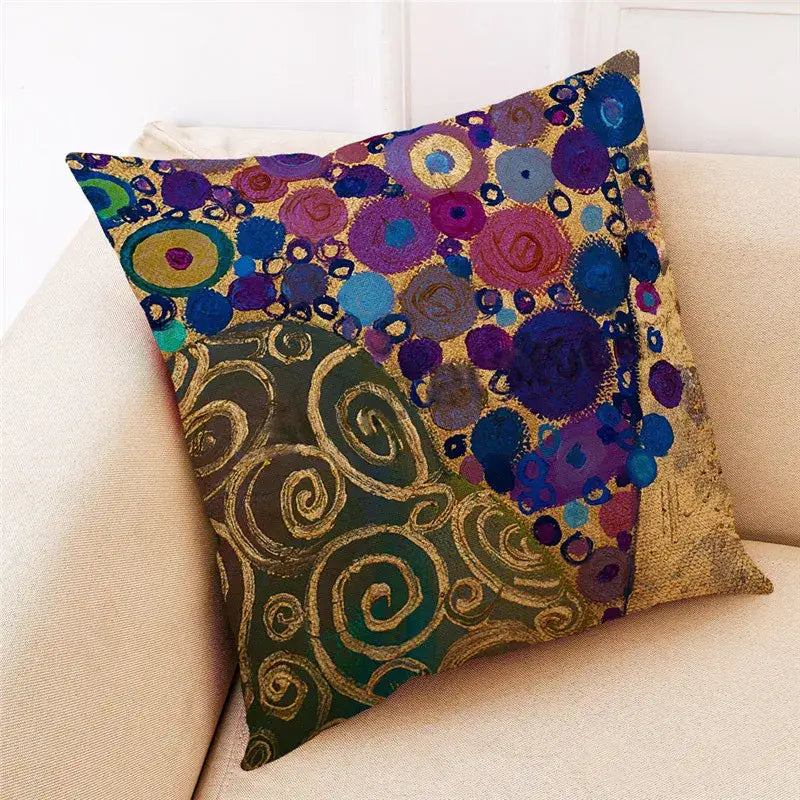 Teal and gold ginkgo leaves linen cushion cover living room