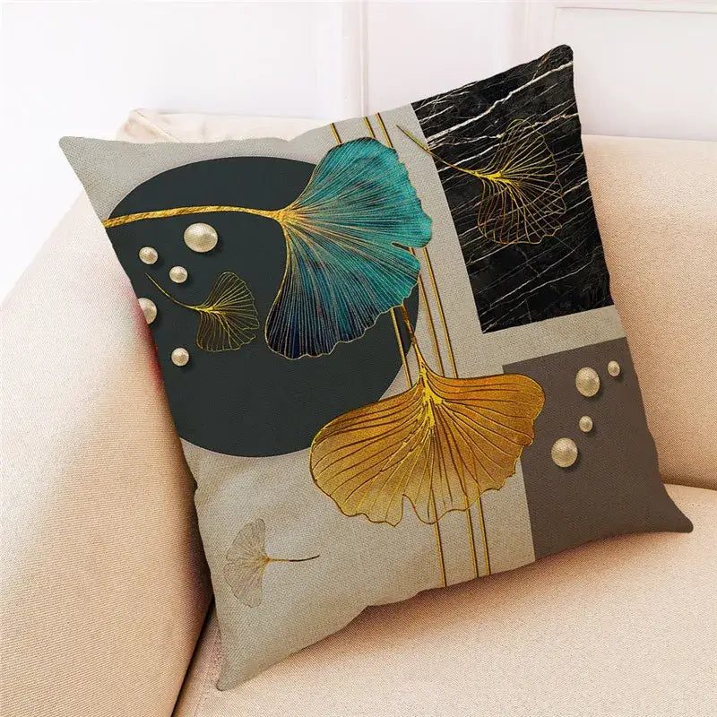 Teal and gold ginkgo leaves linen cushion cover living room
