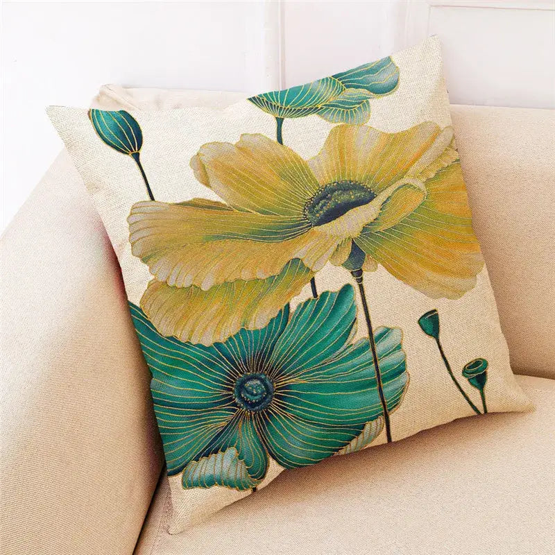 Teal and gold ginkgo leaves linen cushion cover living room